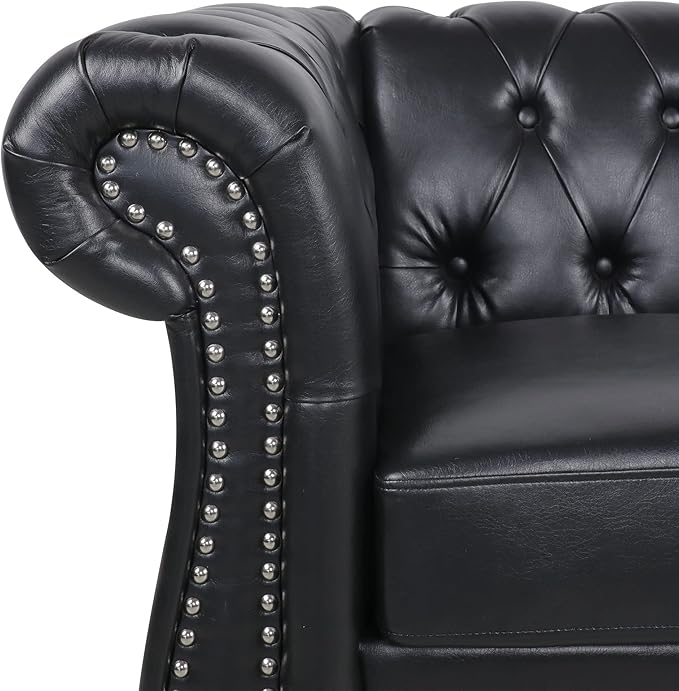 RARZOE Modern 2 Pieces Living Room Sofa Set Contemporary Tufted Button Faux Leather Chesterfield Three-Seater Couch and Accent Club Chair with Nailhead Trim Scroll Arms for Home Furniture (Black)