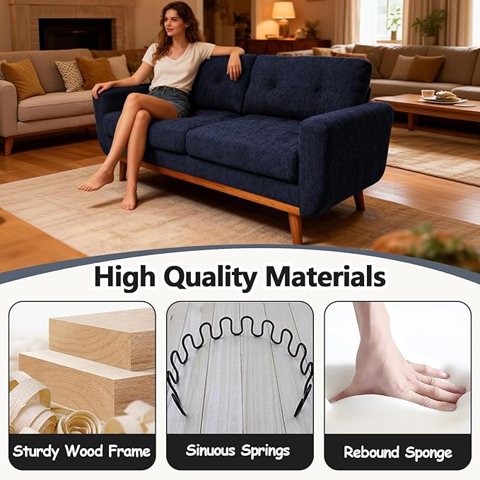 68“ Mid Century Modern Loveseat Sofa for Small Living Room Rraditional 2 Seater Couch for Office Apartment Bedroom Mini|Small|Vintage|Wood Frame|Chenille Fabric|600 LBS|Tufted (Grey Blue)