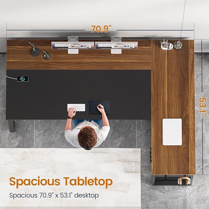 71 in Executive Desk with Power Outlets Reversible L Shaped Computer Desk with File Drawers &amp Storage Shelves Large Office Desk with Pegboard Mobile CPU Stand Modern Corner Desk (Walnut)