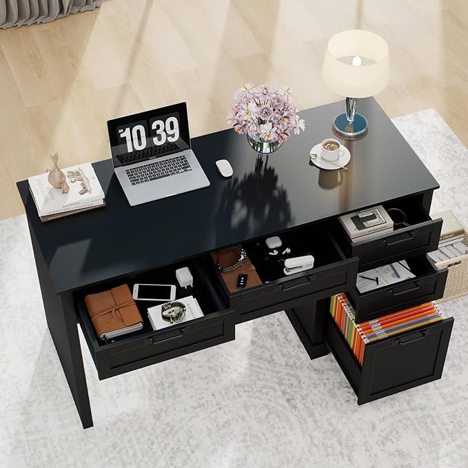 Vabches 55 Farmhouse Home Office Desk with File Drawer Executive Computer Desk with 4 Storage Drawers Rustic Computer Desk for Working Studying Writing Black
