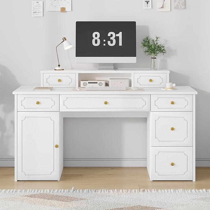 Catrimown White Desk with 7 Drawers 54 Inch Computer Desk with Cabinet for Work Writing Study Vanity Desk with Golden Handle for Girls Bedroom