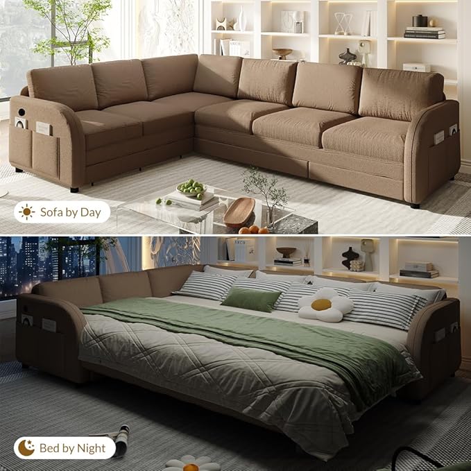 115'' L-Shaped Sectional Sleeper Sofa Bed 6-Seater Pull-Out Couch Bed with Comfy Teddy Fabric USB Ports Modular 3-in-1 Convertible Sleeper Couch for Living Room Apartment Brown | Teddy Upholstere