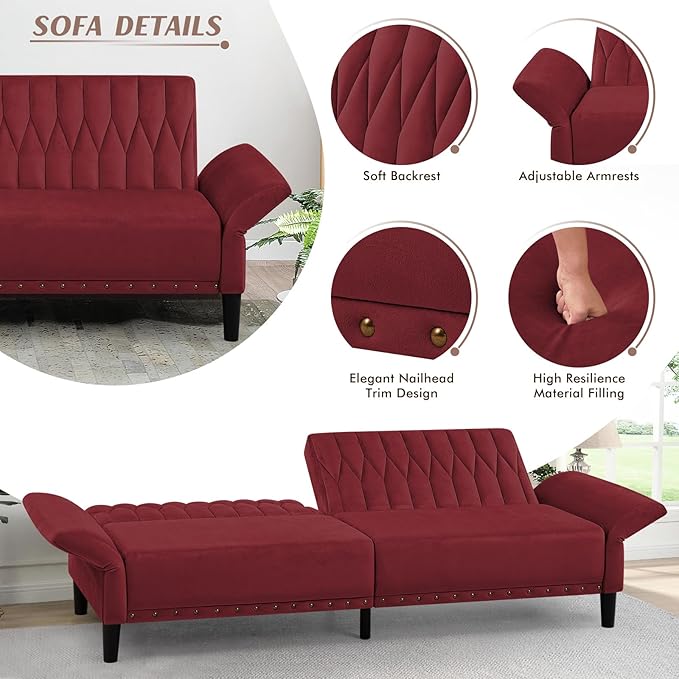 77” Velvet Sofa Bed with Adjustable Armrests and BackrestsTufted Convertible Futon Couch with Nailhead Trim Loveseat Modern Velvet Sleeper Sofa for Living RoomBedroomOffice Red