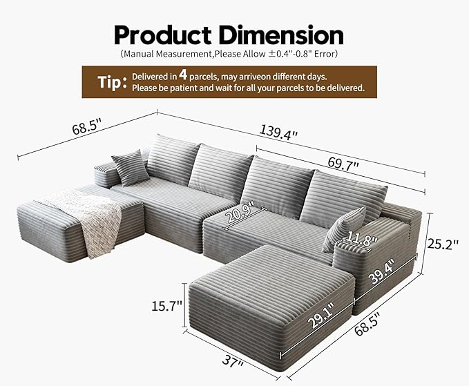 139.4 U Shaped Cloud Sectional Sofa for Living Room Plush Corduroy Cover Fluffy Memory Foam Cushions No Assembly Required Modular Chaise Lounge Oversized Comfortable Couches Set Grey