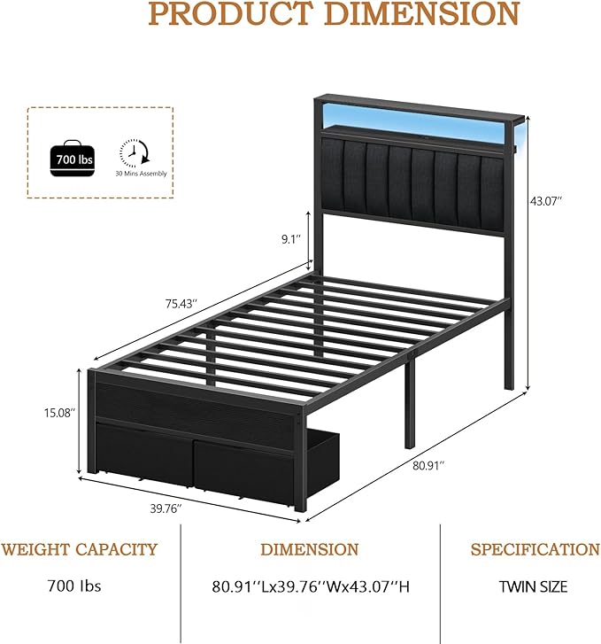 Furnulem Twin Bed Frames with Charging Station and LED Lights Grey Upholstered Headboard with Shelves Metal Platform Bed with 2 Under-Bed Storage (Fabric Drawer on Wheels) No Box Spring Needed