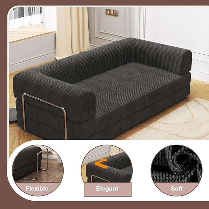 Convertible Corduroy Sleeper Sofa BedFolding Mattress Couch with Fixed-Shape Frame 3 Seater Fold Out King Size FutonNo Assembly Floor Couch for Living Room Dorm Studio 78.7*39.4*29.6 in Black