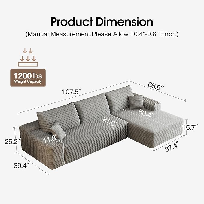 107.5 L-Shaped Sectional Modern Boneless Corduroy Couch with Chaise-No Assembly Required! Deep-Seat Upholstered Modular Cloud Sofa for Living Room Plush Corduroy Fabric (GreyRight Facing Chaise)