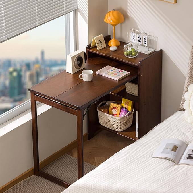 Bamboo Folding Desk with Storage Shelves Space Saving Mid Century Modern Bookcase with Drop Down Table Hide Away Desk for Home Bedroom Study Office