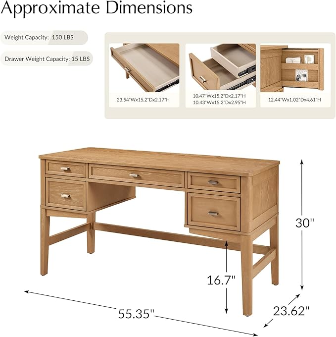 HULALA HOME 56 Home Office Desk with 5 Drawers and Hidden Compartment Drawer Mid-Century Modern Computer Desk with Solid Wood Legs Executive Desk for Work Study Writing Oak