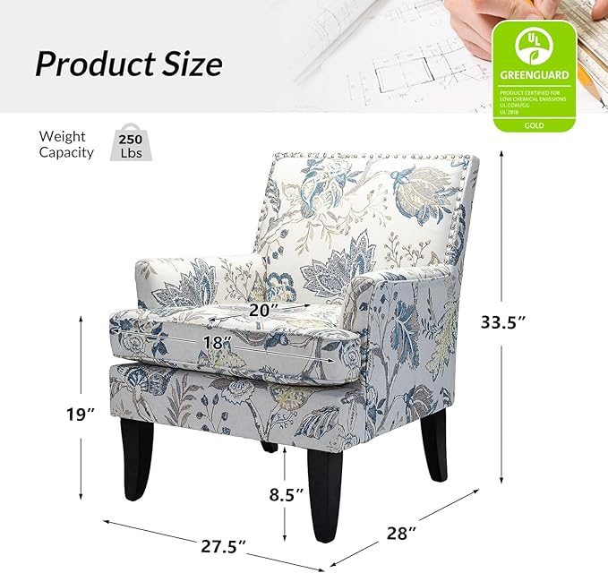 HULALA HOME Modern Accent Chair with Arms and Wooden Legs Mid Century Accent Chair Armchair High Back Rest Padded Armrest and Comfortable Cushioned Seat for Living Room (Blue Yellow Floral)