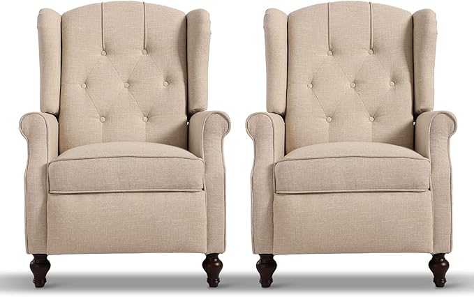 Wingback Recliner Chair with Massage and Heat Tufted Fabric Push Back Arm Chair Recliner Chair for Living Room Bedroom Home Theater (2Beige)