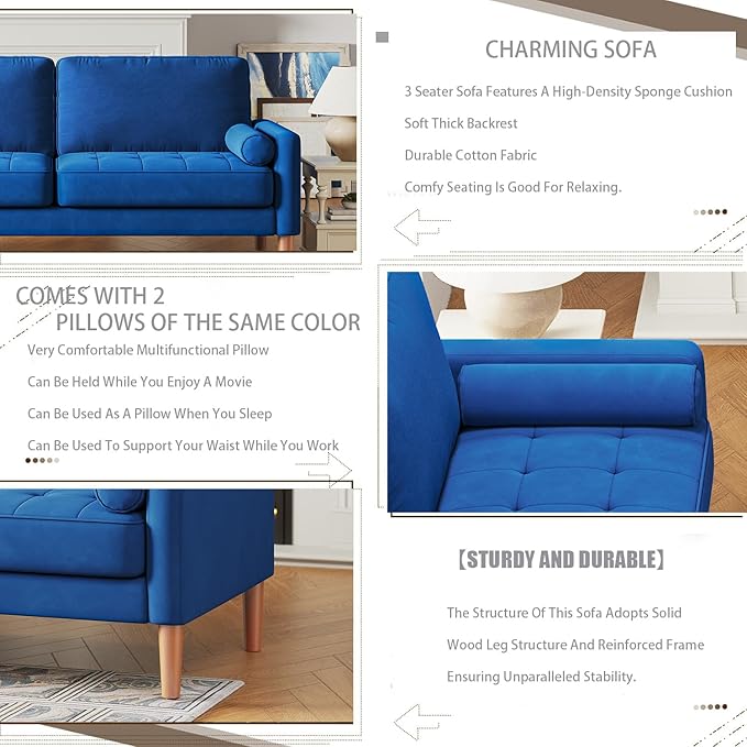 67 W Modern Velvet Loveseat Sofa Mid Century Modern Decor Love Seat Couches for Living Room Button Tufted Upholstered Small Couch for Bedroom Easy to Install Love Seats Furniture (Blue)