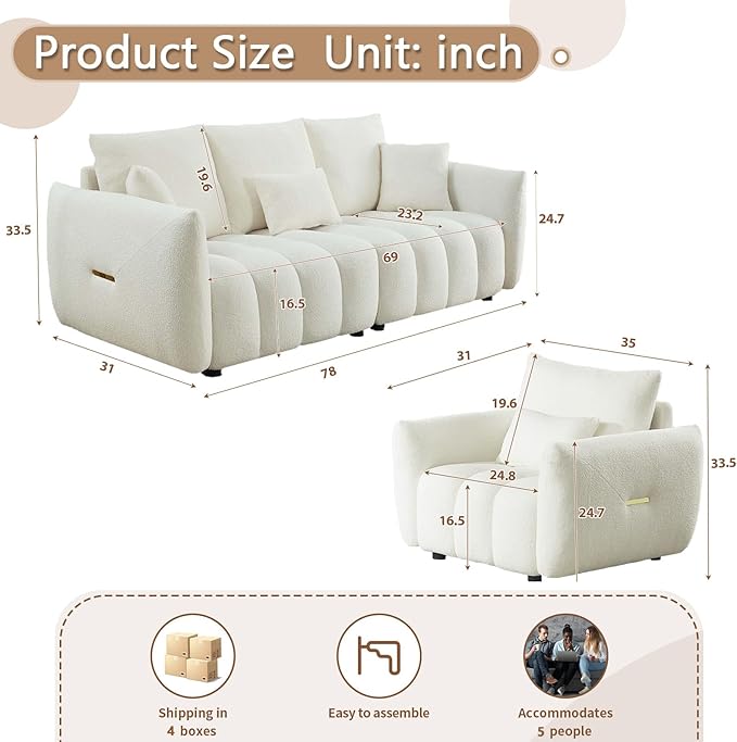 Antetek Set of 3 Teddy Sofa for Living Room Modern 2 Units Deep Seat Sofa Chairs and an Oversized 3-Seater Cloud Boucle Couch for Bedroom Office Apartment Furniture Set Beige (3 Pieces)
