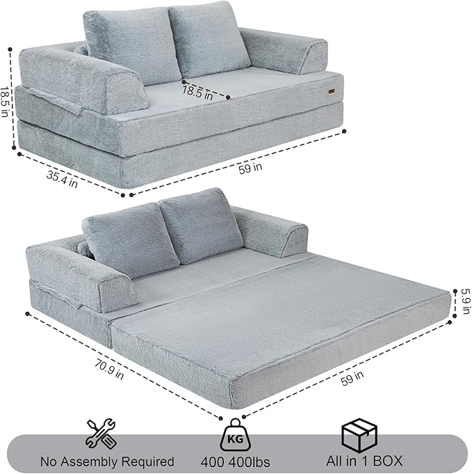COMAX Convertible Sofa Bed Folding Floor Couch Fold Out Couch Bed Futon Sleeper Mattress with Pillows Boneless Sofa Comfy Lounge Loveseat for Living Room Bedroom Snow Light Grey