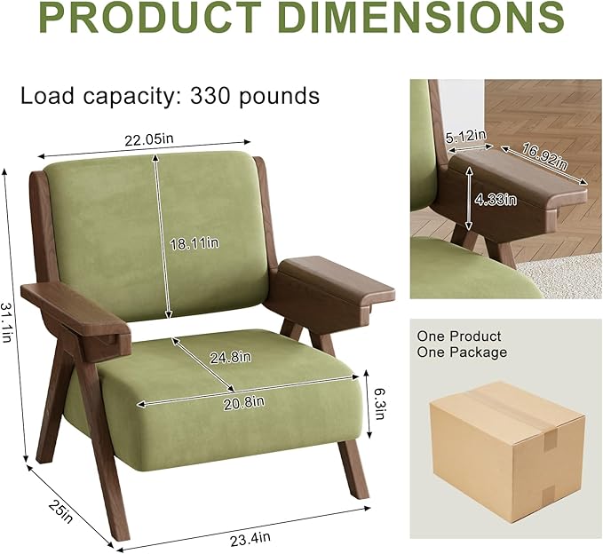 Accent Chair Set of 2 Mid Century Modern Chair Velvet Upholstered Lounge Arm Chair with Solid Wood Cozy Seating for Living Room Bedroom Balcony (Green)
