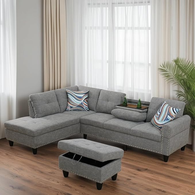 L Shaped Couches for Living Room Sectional Couch Living Room Furniture with Storage Ottoman Modular Sectional Sofa with Movable Chaise for Apartment Office Brown Grey