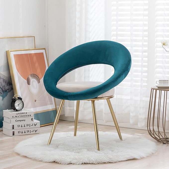 Generic Peacock BlueOff White Velvet Modern AccentConversation Lounge Chair with Gold Plated Legs Unique AppearanceSuitable for Office Lounge Living Room