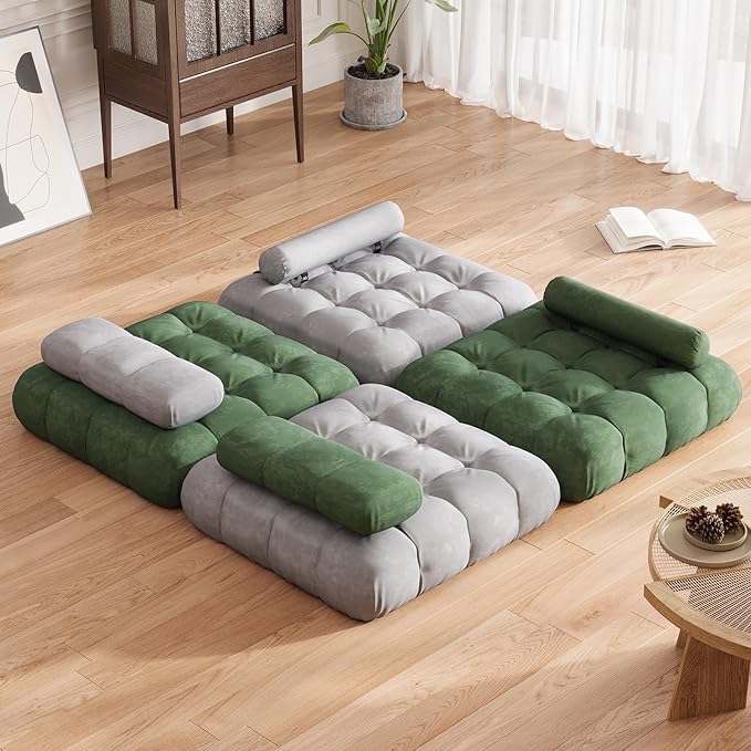 3-in-1 Folding Futon Sofa Bed 35.4 Convertible Sleeper Chair Bed with PillowBoneless Couch Lounge Portable Fold Out Comfy Velvet Floor Mattress for Living Room Bedroom - Single Green