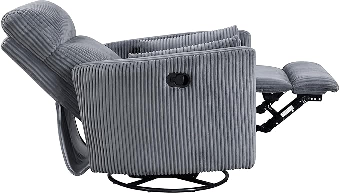 Lexicon Modern Swivel Glider Recliner Chair Nursery Glider Corduroy Fabric Upholstery Recliner with 2 Lumbar Pillows Manual Reclining Sofa Chair for Living Room/Office/Apartment Grey