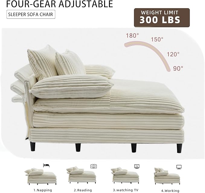 Oversized Chaise Lounge Chair Indoor Comfy Corduroy Sofa Bed Fluffy Cushioned Deep Seat Couch with 3 Pillows Sleeper Sofa for Living Room Beige White