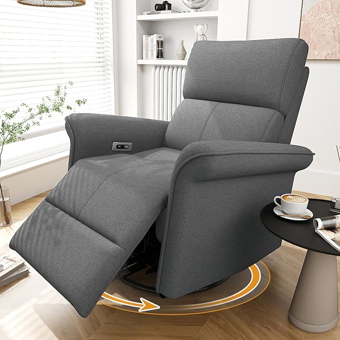 cinkehome Power Swivel Rocker Recliner with USB Overstuffed Electric Reclining Chair Snowflake Fleece Rocker Recliner for Nursery Living Room Bedroom
