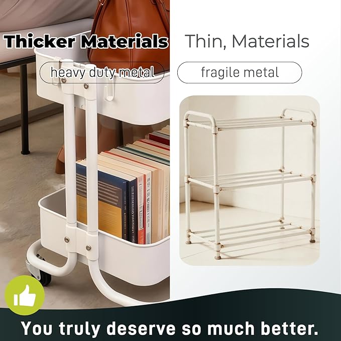 2 Tier Under Desk Storage Cart with Wheels Heavy Duty Metal Short Rolling Pantry Storage Cart for Small Space Utility Trolley for Kitchen Bathroom Laundry Cute Snack Craft Organizer White