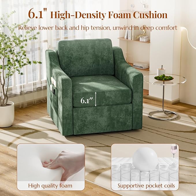 360° Swivel Accent Chair Set of 4 Large Comfy Reading Chairs Accent Square Single-seat Armchair Upholstered Sofa for Reading Nursery Living Room Bedroom Lounge Hotel Green