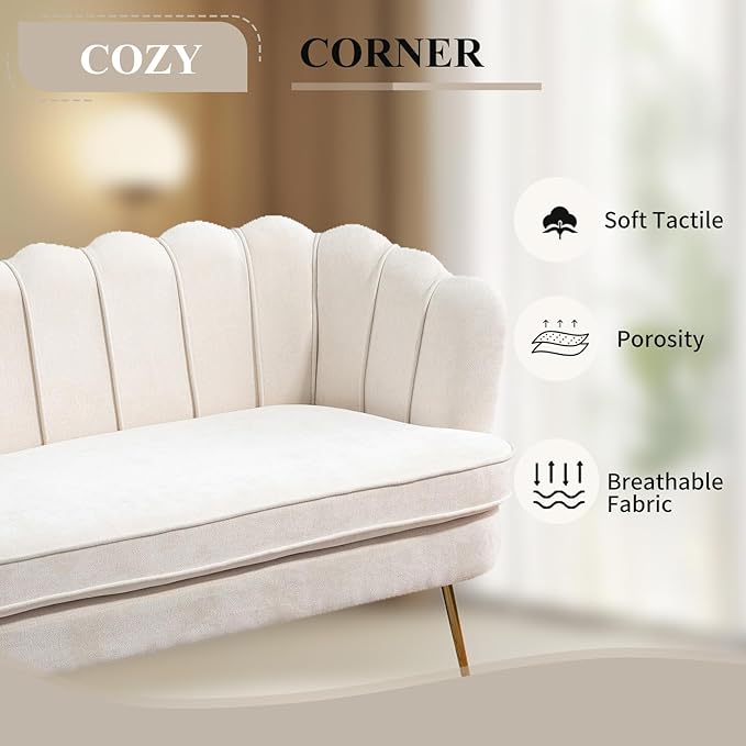 59 Wide Loveseat Sofa Chenille Upholstered Small Couch with Gold Metal Legs Modern Leisure Sofa with Petal-Shaped Design Mini Room Couch for Bedroom Apartment (Beige-Chenille)