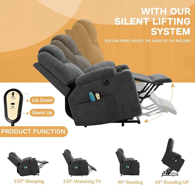 Electric Power Lift Recliner Chair with Heat and Massage for Elderly Ergonomic Lounge Chair Single Sofa Recliners for Living Room with Cup Holders USB Ports4 Pockets Soft Fabric (Gray)