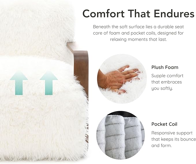 Furniture of America Ramos Modern Lounge Chair with Ultra Soft Faux Fur Long-Haired Accent Sofa Tight Seat and Back Single Couch Fluffy Living Room Seating No Assembly Needed White