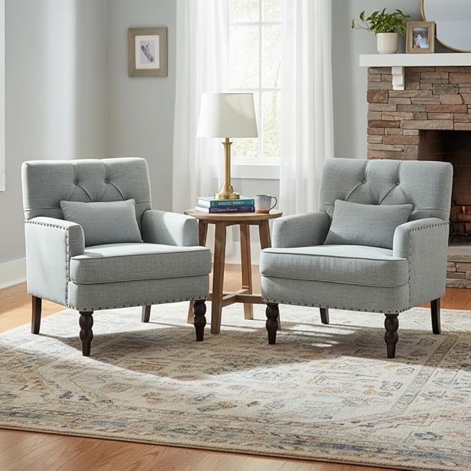 HUIMO Accent Chairs Set of 2 Living Room Chairs Tufted Club Chair Upholstered Armchair with Button Fabric Sofa Chairs for Bedroom Living Room Mid Century Modern Reading Chairs(2Light Blue)