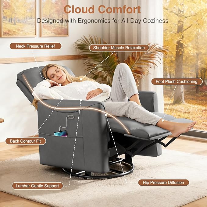 Kidirect Power Swivel Rocker Recliner 360° Swivel Recliner Chairs for Nursery Pu Leather Power Recliner Chair with USB Port and Side Pocket Electric Glider Rocking Chair for Living Room