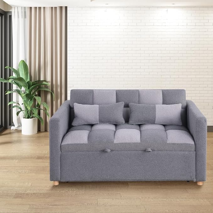 Sleeper Loveseat Pullout Sofa Bed 3 in 1 Convertible Couch Bed Pull Out Sofabed with 2 Pillows Adjustable Backrest Teddy Fabric Grey