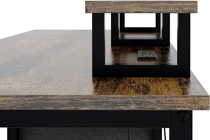 47'' Ergonomic Computer Desk with Dual Monitor Stands 2 Drawers &amp Built-in Power Outlets | Side Pocket | Reversible Cabinet | Adjustable Feet | Workstation for Home Office/Gaming/Study (Rustic Br