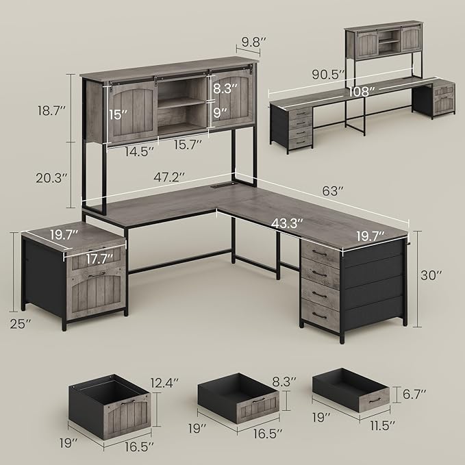 SEDETA Farmhouse L Shaped Office Desk with 6 Drawer Reversible Computer Desk with Power Outlet Hutch for Home Office/Two Person Corner Desk with File Drawer &amp Printer Storage Shelves Grey