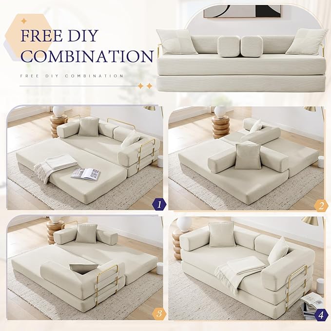 Convertible Folding Sofa Bed Corduroy Sleeper Mattress Couch with Fixed-Shape Frame Free Combination Loveseat Lounge Floor Sofa Queen Size Memory Foam Couch for Living Room Bedroom Beige