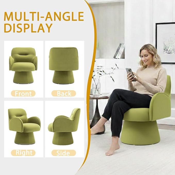 Swivel Accent Chairs Modern Comfy Velvet Barrel Armrest Chairs with Curve Back Soft Cushion Olive Green Armchairs with Arms Small Round Chair for Small Spaces Bedroom Living Room
