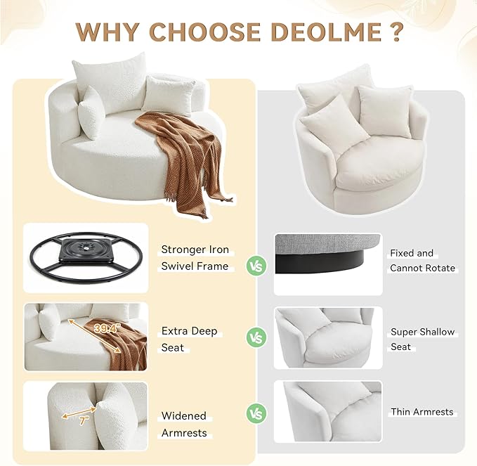 360° Swivel Barrel Chair - Oversized Round Sofa Chair and A Half with Removable Pillows Comfy Modern Upholstered Chenille Deep Seat Circle Chaise Lounge for Living Room Bedroom Office Hotel (White)