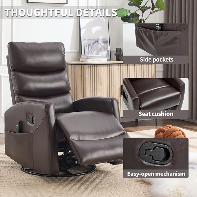 Swivel Recliner with Heat and Massage Rocker Recliner Chair for Living RoomGlider Recliner Nursery Chair with Black Metal Base/Adjustable Backrest and Footrest (PU Leather Brown)