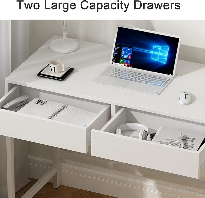 Treocho White Desk with USB Charging Ports and Power Outlets Modern Simple 47 inch Computer Desk with 2 Drawers Vanity Table Makeup Table for Home Office Bedroom