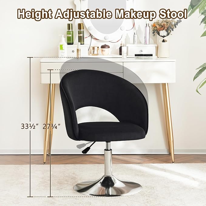 Furnimart Adjustable Black Vanity Chair with Back Velvet Makeup Chair Swivel Accent Chair with Chrome Frame Hollow Backrest Side Chair for Living Room Makeup Room Bedroom (Black)