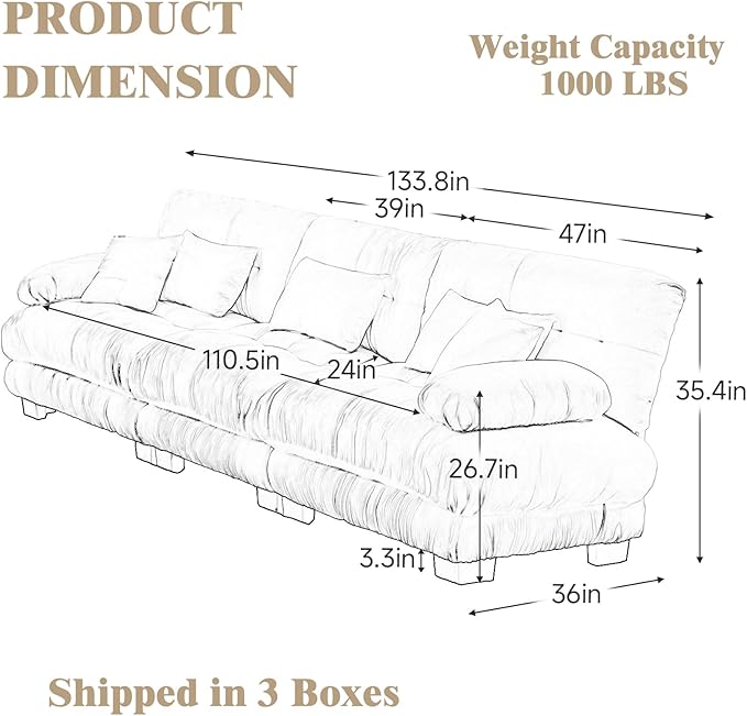 Oversized Modular Velvet Sectional Cloud Sofa Couch with Movable OttomanCorner Sofa with Comfortable Armrests Deep Seat Convertible L or U Shaped Couch (Gray 3 Seat)