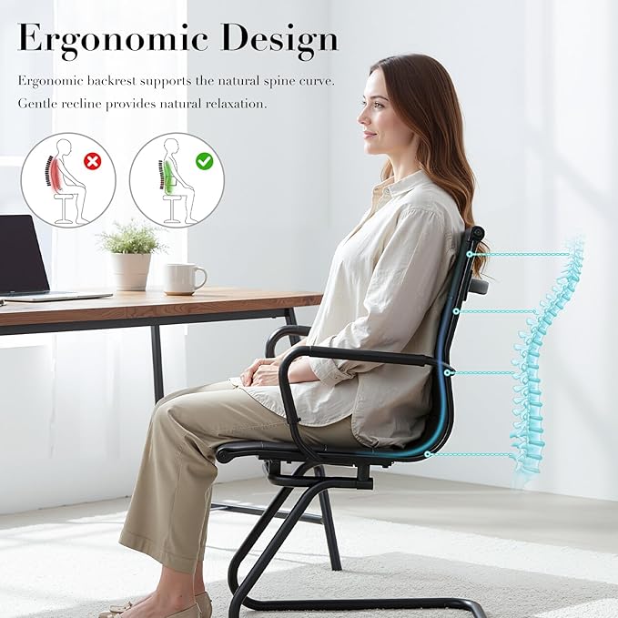 CIMOTA Waiting Room Chairs Leather Office Guest Chair Mid Back Reception Chairs with Sled Base for Meeting/Patient/Conference Room Retro Black Set of 6