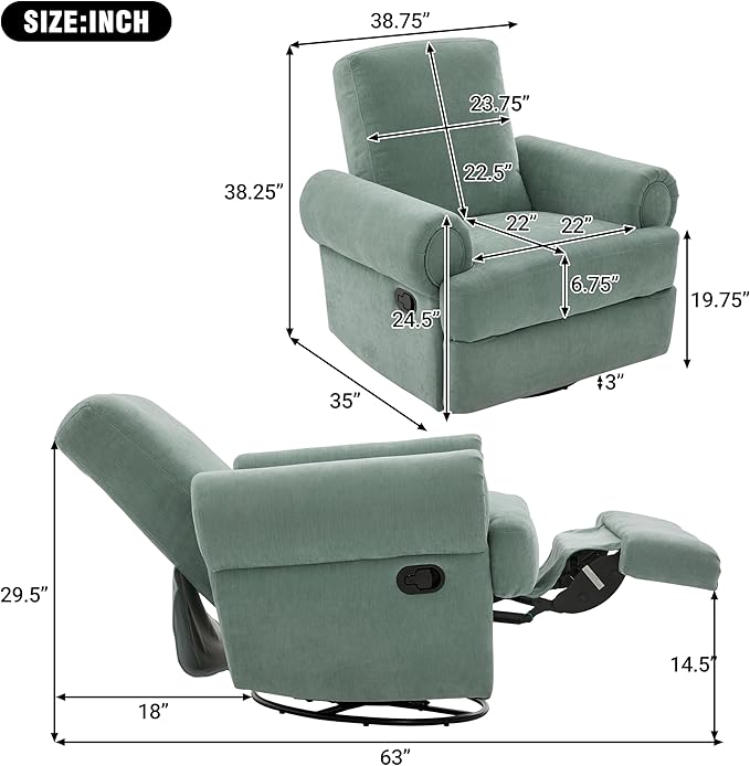 Christopher Knight Home Besty Chenille Upholstered Swivel Recliner Chair Wooden Swivel Accent Chair with Adjustable Backrest Super Comfort Rocker Recliner Sofa for Living Room/Bedroom Mint Green