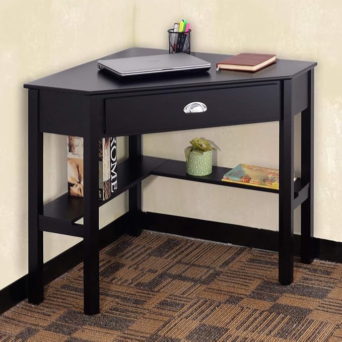 Corner Desk Compact Home Office Corner Desk Organizer90 Degrees Triangle Computer Table Laptop Writing Table for Small Spaces with Storage Shelf and Drawer (Black)