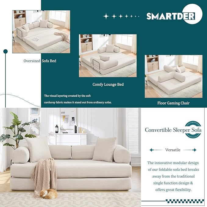 Convertible Folding Sofa Bed Modular Floor Sofa with Removable Backrest 3-Seater Fold Out Couch Bed with Pillows King Size Futon Lazy Couch Corduroy Sleeper for Living Room Dorm Beige