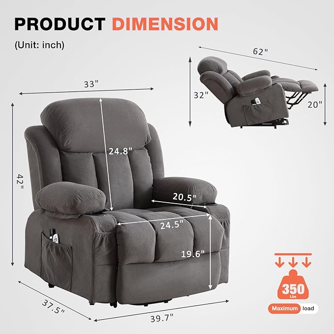 Power Lift Recliner Chair for Elderly with Vibration Massage and Lumbar Heating Electric Lift Recliner Single Sofa with Side Pocket Two Cup Holders and USB Charge Port for Living Room
