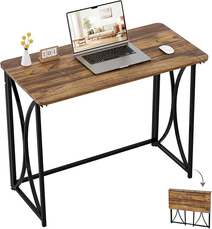 Folding Table 31.5 Small Desk for Bedroom Space Saving Foldable Computer Desk for Home Office Easy Assembly Brown Kaka