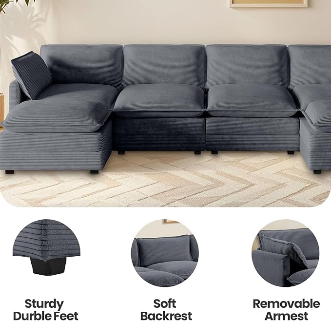 Modular Sectional Sofa 148 U-Shaped Sectional Couches for Living Room 6 Seat Modern Corduroy Cloud Couch with 2 Ottoman for Bedroom Office Apartment Dark Grey