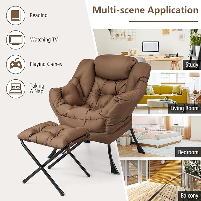 RELAX4LIFE Lazy Chair with Foldable Ottoman - Modern Lounge Accent Chair w/Armrests &amp Side Pocket Upholstered Leisure Sofa Armchair with Footrest for Reading Living Room Bedroom Dorm (Brown)